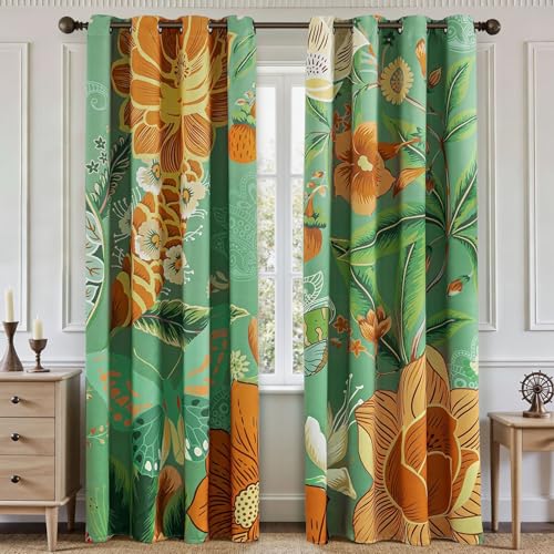Image of Tyrot Sage Green Floral Butterfly Blackout Curtains, 52W x 63L, 2 Panels | Cottage Garden, Thermal Insulated, Heat Blocking, Light Blocking Privacy, Heavyweight Drapes for Bedroom and Living Room