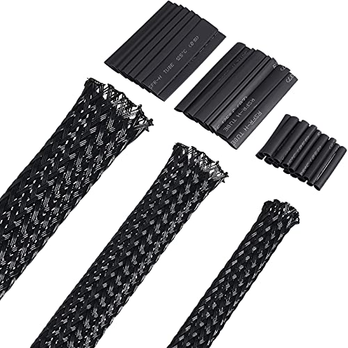 Boao 50ft PET Expandable Braided Cable Sleeve, Wire Loom Braid Sleeving with 127 Pieces Shrink Tube for Audio Video and Other Home Device Cable Automotive Wire(1 Inch, 1/4 Inch, 1/2 Inch,Black)