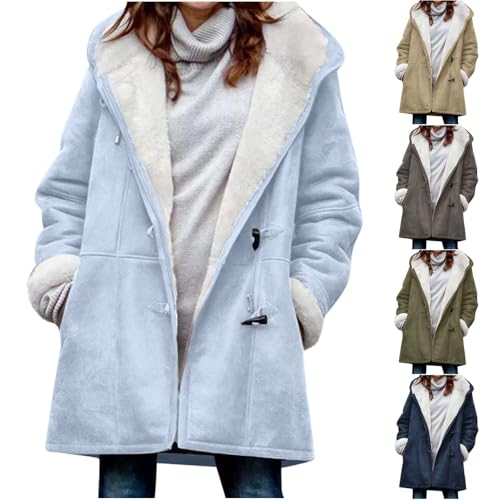 Womens Sherpa Fleece Lined Winter Jacket with Horn Buttons Hooded Duffle Jacket Warm Winter Coats Overcoat Outerwear