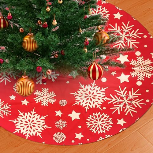 Wenosda Manta para árbol de Navidad, manta para árbol de Navidad, redonda, copos de nieve, estrella, falda para el hogar, fiesta de Navidad, decoración (90 cm, rojo)