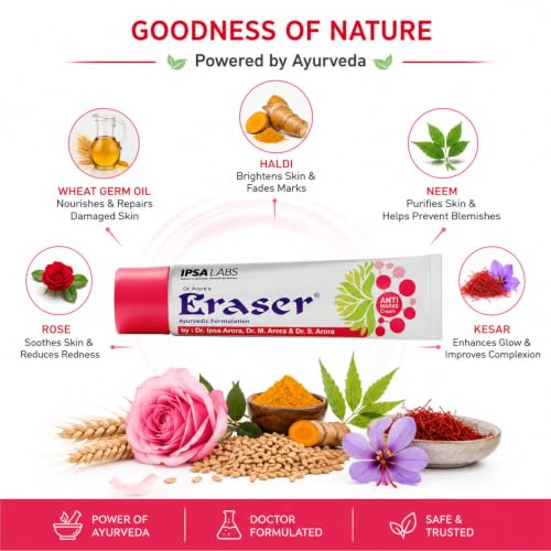 Image of Eraser Ayurvedic Anti Marks & Dark Spots Removal Cream - Unisex (15g) | with Wheat Germ Oil, Haldi, Neem, Rose, Kesar | Dark Circle | Pregnancy Delivery Marks | Pigmentation, Wrinkles | Tan Remover