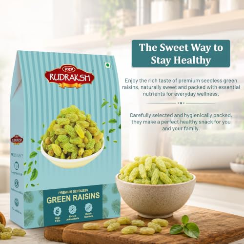 Image of PRP Rudraksh Premium Seedless Green Raisins 500gm | Naturally Sweet Kismis | High Fiber | Rich in Antioxidants | No Preservatives | Soft & Juicy Dry Fruits | Healthy Snacks for Kids & Adults