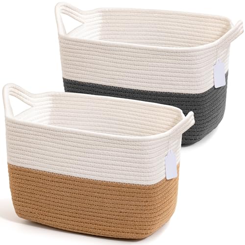 Image of Effectyou Modern Cotton Rope Storage Baskets with Handles - Woven Organizing Bins for Laundry, Toys, Blankets & Bathroom Storage, Home Decor, Gift Basket Set of 2 (13 x 10 x 9 Inches)