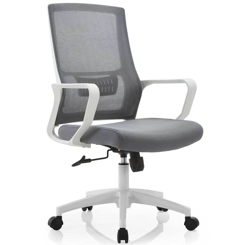 Shally Dogan Sedia da Ufficio Ergonomica Girevole con Supporto Lombare, Poltrona da Scrivania, Studio, Cameretta, Reclinabile con Altezza Regolabile, Base Bianca Robusta, Schienale Antisudore (Grigio)