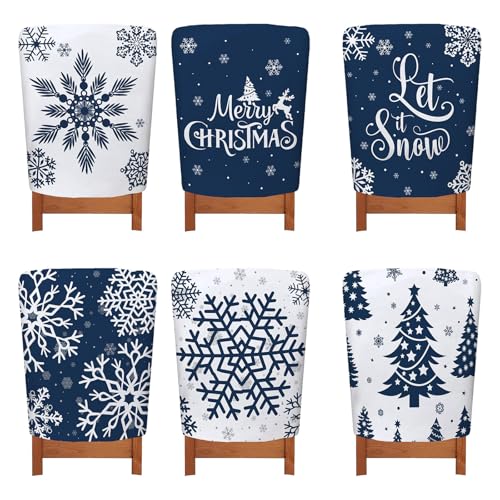 Treer Fundas para Sillas de Navidad 6 Piezas, Fundas de Sillas de Comedor para Navidad Decoración Protector de Respaldo Extraíble para Fiesta de Vacaciones (6 Piezas,Azul)