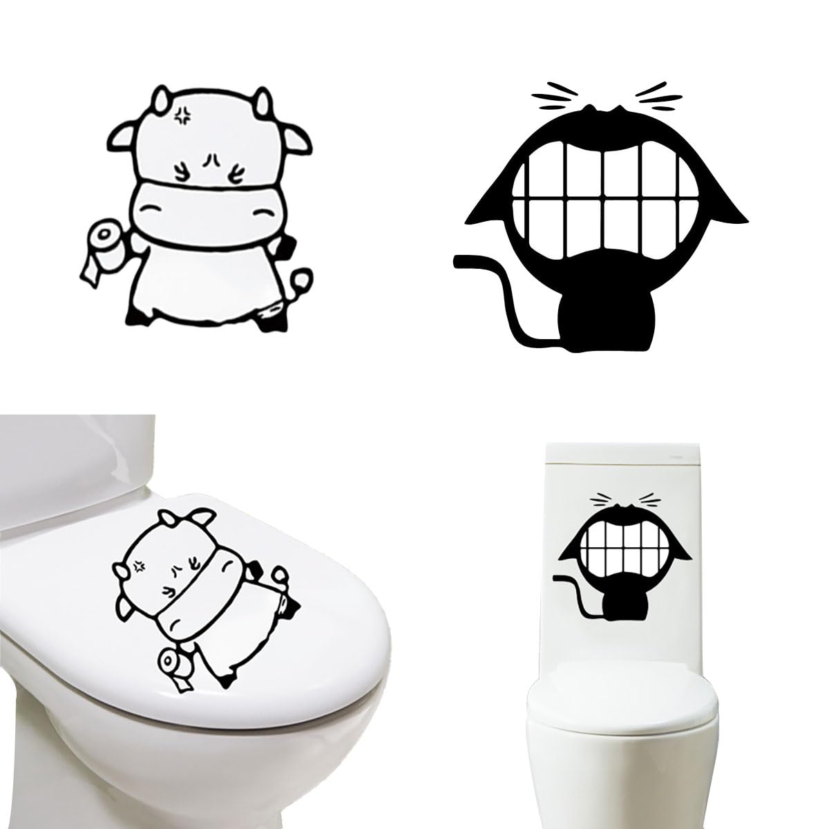 Funny Bathroom Toilet Stickers, Cartoon Black Cat and Calf Design, Removable PVC Decals, 2-Pack, for Bathroom Decor