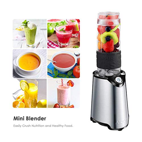 Blender, Aicok Personal Smoothie Blender, Stainless Steel Single Serve Blender, with 21 oz BPA Free Portable Travel Sports Bottle with Extra Travel Lid, 300W, Silver