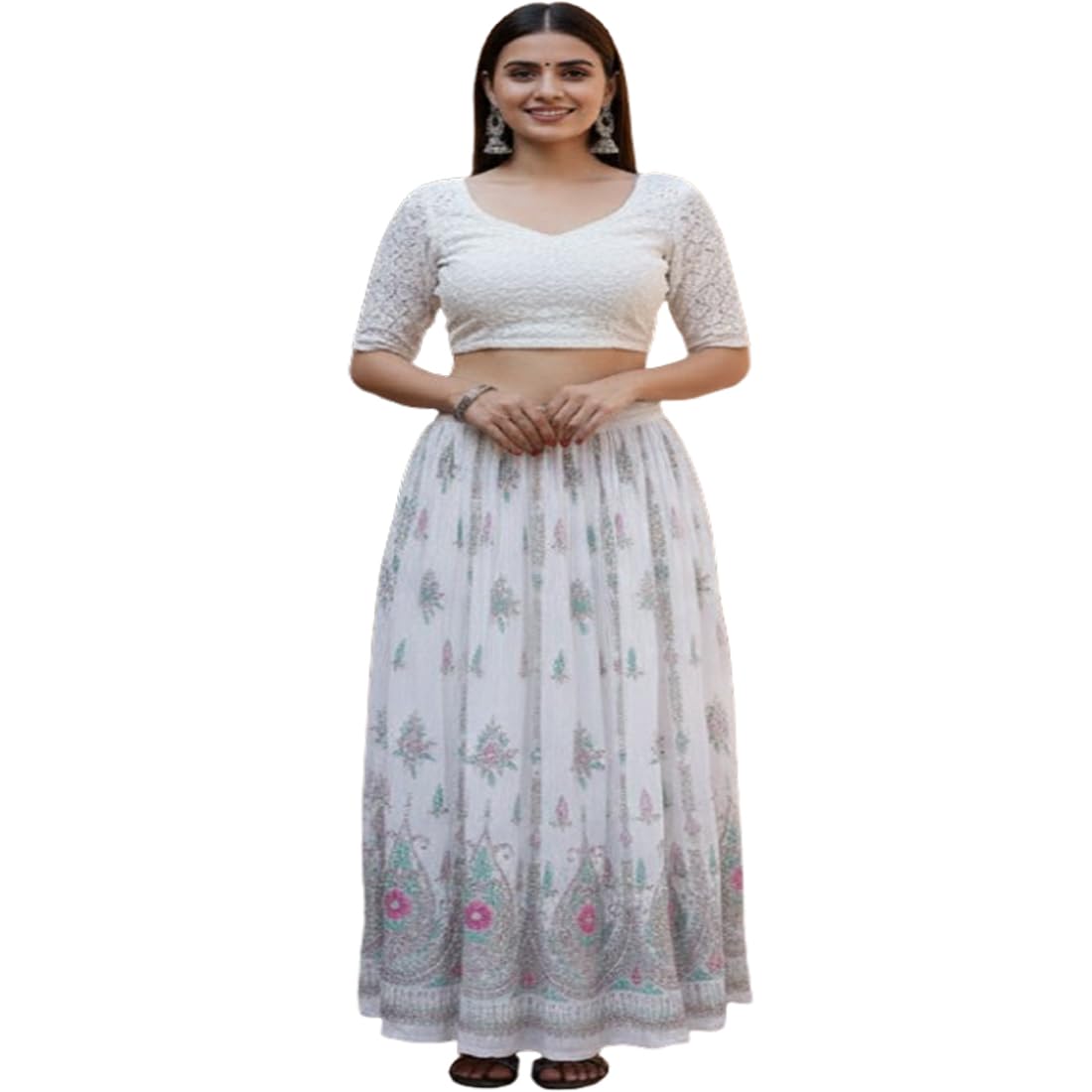 Jupe Lehenga blanche Free Size : la solution pour une tenue traditionnelle sans erreur de taille