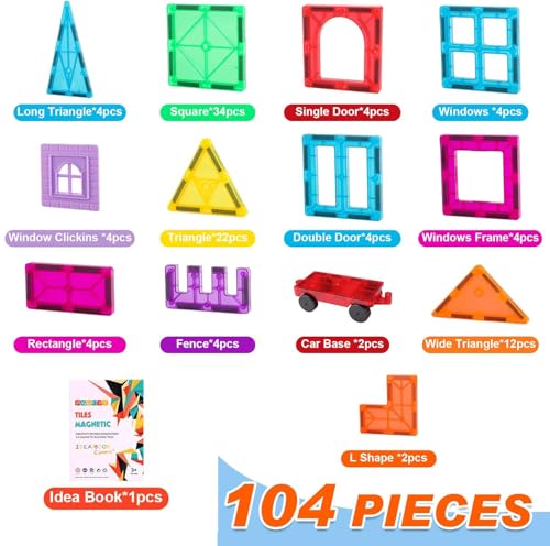 image for OugerToy Magnetic Tiles,104PCS Magnetic Building Tiles for Kids, Educa