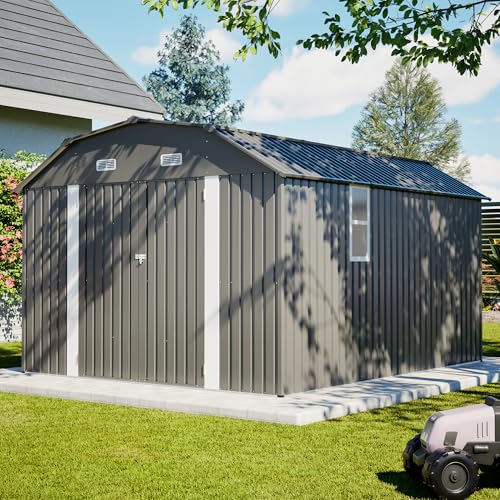 Image of YOPTO 10x12 FT Outdoor Storage Shed,Heavy Duty Metal Shed W /Floor Frame & 2 Windows,Garden Shed W / 4 Air Vents,Diamond-Shape Roof & Lockable Door,for Backyard,Patio,Lawn,Grey