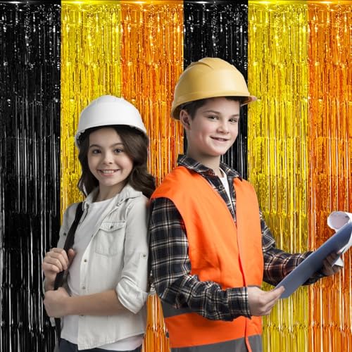Image of 2 Pack Construction Foil Fringe Curtains Backdrop Birthday Party Decorations Supplies, 3.28 x 6.56 Ft Yellow Orange Black Tinsel Streamer Photo Booth Props for Truck Party Decor Favors