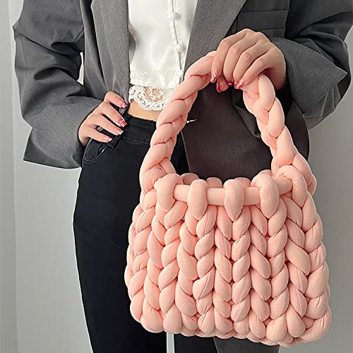 Thick Bulky Giant Wool Handwoven Handbag,Chunky Yarn Knit Shoulder Bag,Casual Soft Purse,Braided DIY Bucket Bag4