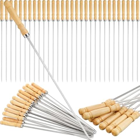 Minatee 16 Inch Kabob Skewer with Wood Handle for BBQ Camping Cookware Campfire Grill Cooking, Stainless Steel, Metal Skewers for Kabobs with Wood Handle (50 Pcs) Cover