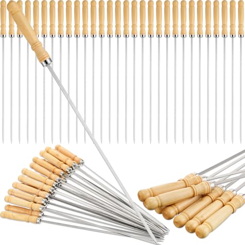 Minatee Lot de 50 brochettes en acier inoxydable avec poignée en bois pour barbecue, camping, feu de camp, 40,6 cm
