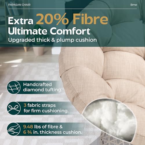 Image of Bme Ergonomic Wicker Papasan Chair with Soft Thick Density Fabric Cushion, High Capacity Steel Frame, 360 Degree Swivel for Living, Bedroom, Reading Room, Lounge, Sepia Sand - White Base