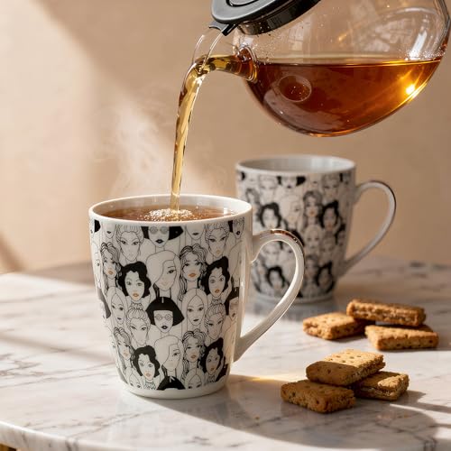 Image of U.P.C.Milk Mug Set of 2 | Ceramic & Bone China Coffee Milk Cups | Designer Printed Tea Coffee Mug Set | Large Capacity Milk Mugs | Microwave Safe Cup Set | Drinkware Gift Set (Women Face Print)