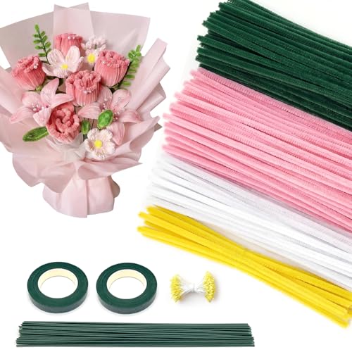 RRUIZE・モールフラワー 手作りキット ピンク 造花DIY｜手芸モール120本 ふわふわ高密度｜地巻ワイヤー・双頭花おしべ・フローラテープ2巻｜枯れない花束 ブーケ 卒業式/入学式/母の日 ギフト (ピンク)