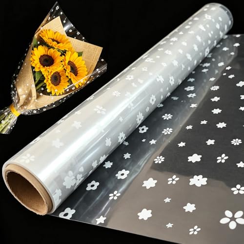 RYIRXI Papier Transparent Cellophane Emballage Cadeau Rouleau, Papier Cadeau avec Fleur et Etoile Motif Imprimé Anniversaire Noel Fleuriste Professionnel Personnalisé