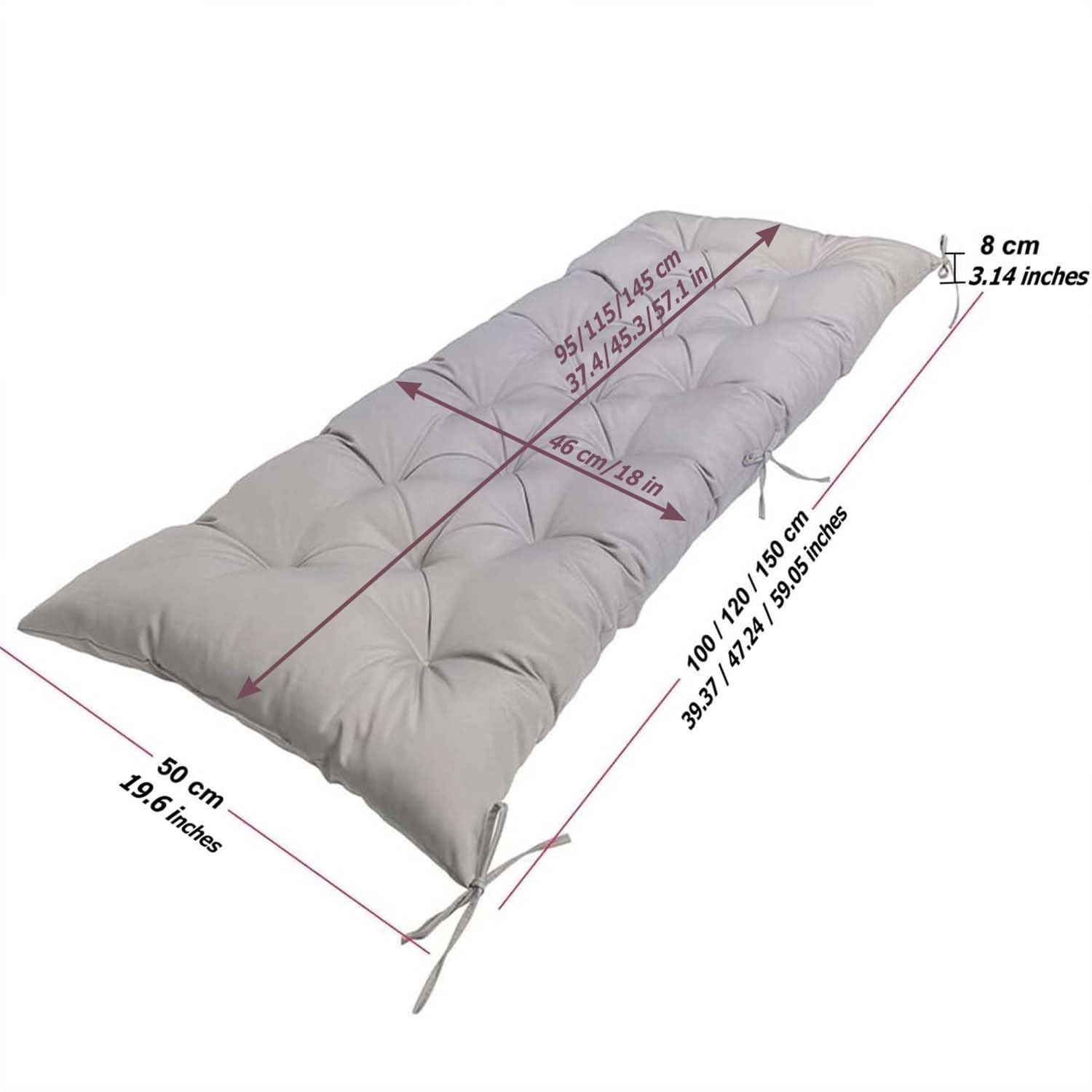Cuscino per panca da giardino, cuscino per sedia a dondolo, spessore 2 e 3 posti, 100/120/150, con schienale per mobili da giardino (grigio, 150 x 50 x 50 cm