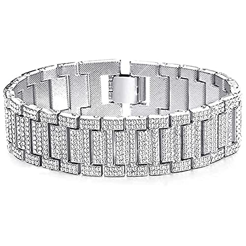 Apzzic 21mm Mens Iced Out Bracelet Bangle Hip Hop Gold Plated CZ Diamond Cuban Link Bracelet Silver 8inch