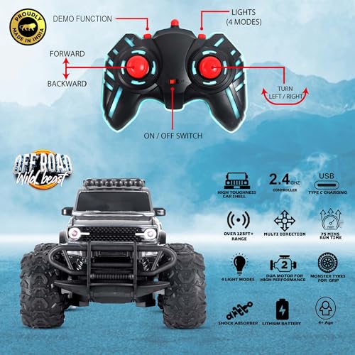 Image of popsugar Off Roader Rechargeable Remote Control Car | RC Car Monster Truck | 4 Headlight Modes | Lithium Battery | C-Type Charging | 2.4GHz Remote Controller | Made in India, Grey