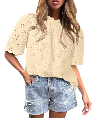 BETTE BOUTIK Womens Lace Tops 2025 Trendy Long Short Sleeve Eyelet Embroidered Dressy Casual Blouse Shirts