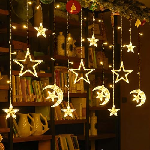 MEgegulo Star Moon LED Curtain Lights3.5M Warm White Christmas Decorations Waterproof Decoration Lamp Holiday PartyRamadan2 Flashing Modes Fairy Tale Lights (Battery Box)