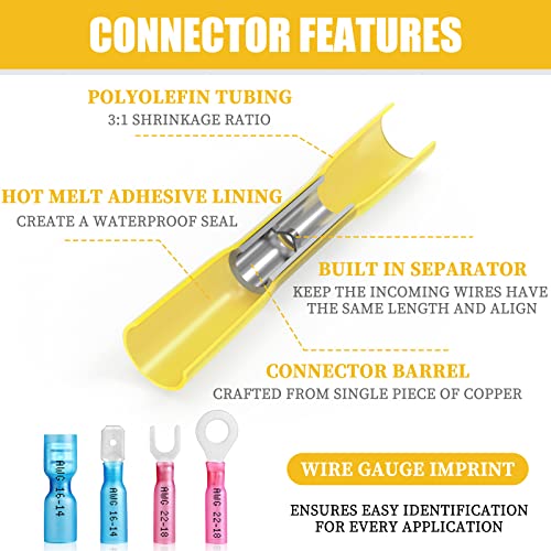Camtek 250Pcs Heat Shrink Wire Connectors, 22-10 Awg Marine Grade Heat Shrink Butt Connectors, Waterproof Electrical Wire Terminals Kit Insulated Ring Fork Spade Butt Splices For Automotive Boat Truck #TOP4
