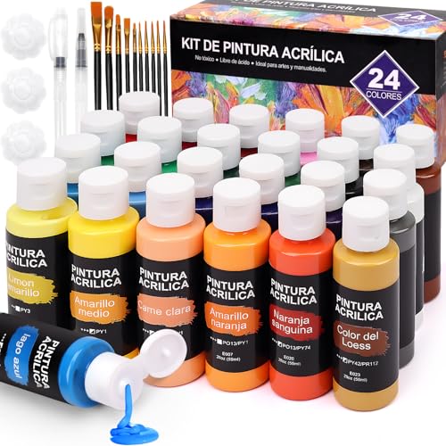 El Mejor Listado de Pinturas Top 10. 48 LSXD Kit de Pintura Acrilica, 24 Colores x 59ml Pintura Acrilica No Toxicas, 10 Pinceles y 2 Pinceles Agua y 3 Placas, para Artistas, Niños, Set Material de Arte Profesional para...