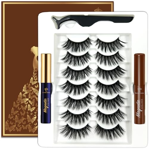 7C SevenCrown Magnetic Eyelashes Cat-eye Full Volume Magnetic Lashes,Reusable Easy Fake Eye Lash, 2 Tuble Strongest Waterproof Liquid Liner Brown.Vegan & Cruelty Free（1 black+1brown)