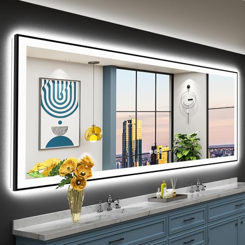 Image of 96x36 Black Framed LED Bathroom Mirror with Lights, Backlit and Front Lit Anti-Fog Lighted Vanity Mirror for Bathroom Wall, Dimmable, 3 Colors, Memory, Shatter-Proof, HD Tempered Glass, CRI 95