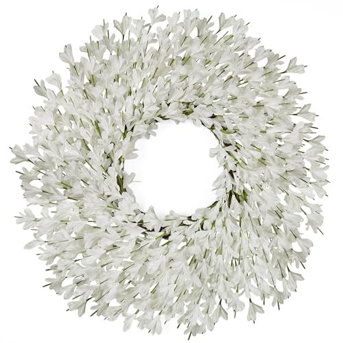 26 Inch Spring Wreaths for Front Door Large Easter Valentines Forsythia Floral Summer Spring Door Wreaths Outdoor All Season Spring Decorations for Home Porch Room Window Wall Farmhouse Decor(White-R)