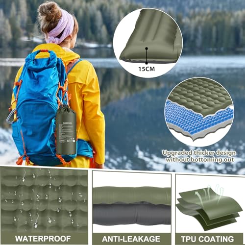 WARMTUYO Isomatte Camping, 12CM Verdicktes Aufblasbare Matratze Kleines Packmaß, Wasserdicht Luftmatratze Outdoor mit Fußpressepumpe und Kissen, Anti-Ripstop Schlafmatte für Wandern und Strand 5