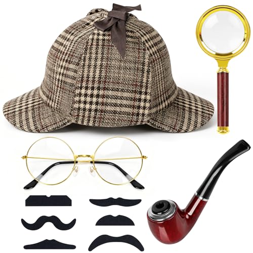 GAKSK Detective Costume Accessories Set 10 PCS Detective Hat Halloween Cosplay Men Women Dress up Prop Adults Spy Outfit