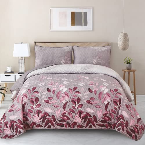WONGS BEDDING King Quilt Set 3P Pink Floral Microfiber