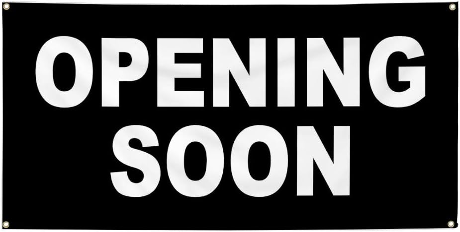 Vinyl Banner Sign Opening Soon Black White Business Marketing Advertising Black - 24inx48in, 4 Grommets, One Banner