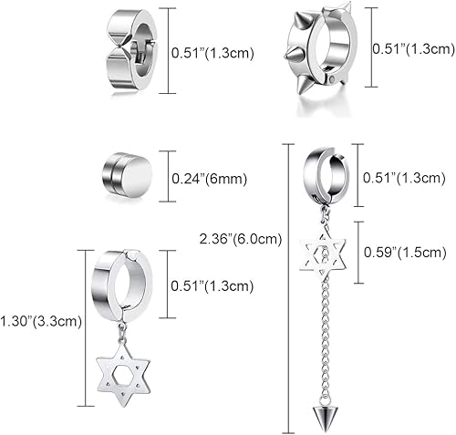 Miniatura 7 de Juego de 5 pares de aretes de aro de acero inoxidable negro sin perforación, remaches cruzados y borla para mujeres, hombres, niños y niñas, aretes