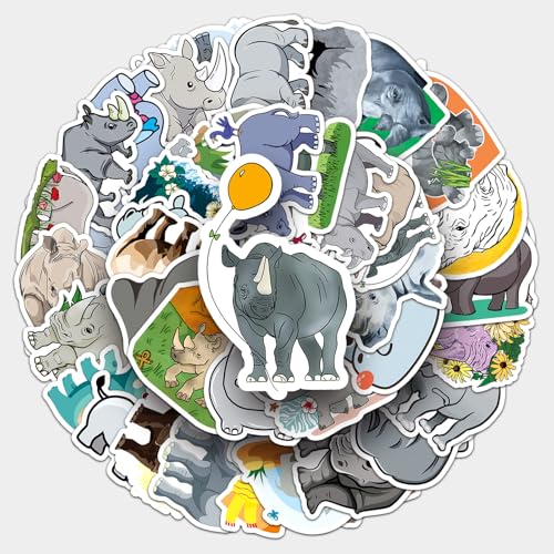 50Pcs Rhino Stickers, African Animal Waterproof Vinyl Stickers, Cute Rhinoceros Decals for Water Bottles Laptop Journal, Scrapbook, Phone, Cup, Skateboard, Helmet, Safari Party Favors for Kids Teens