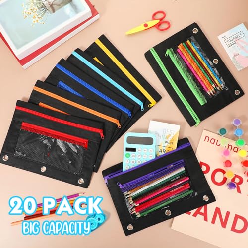 Image of Zhehao 200 Pcs Pencil Pouches for 3 Ring Binder, Bulk Zipper Pencil Pouch Pen Case with Mesh Window Cloth Double Pocket 3 Hole Bag for Storing School Office Supplies (Black)
