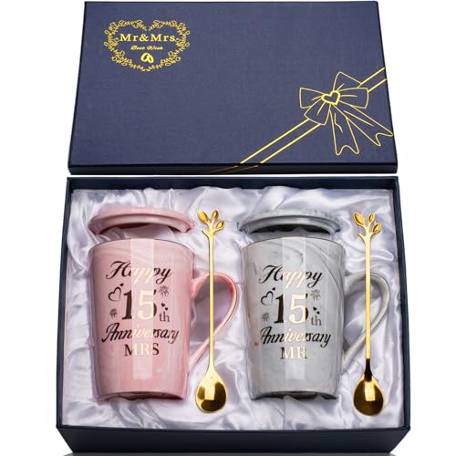 YIKILYLIFE Presentes 15 anos aniversário casamento 2 peças canecas 400 ml para casais ou casamentos, presente de casamento 15 aniversário casamento cerâmica jaspeada caneca com colheres, cartões