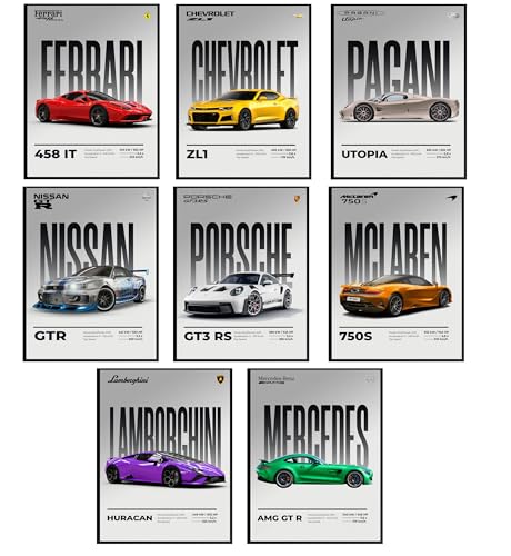 Image of Car Posters Set of 8 A4 Size - posters wall Boys room - Super poster - Porsch BMW poster - wallpaper - Gifting ideas for men boys - gift - Wall Art