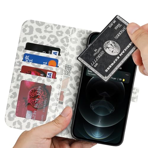 Image of for iPhone 12 Case Wallet with Card Holder,for iPhone 12 Pro Wallet Case for Women Men,PU Leather Shockproof Magnetic Buckle Stand Flip Phone Case-White Leopard