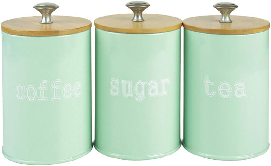 X022S Set of 3 Metal Food Storage Tin Canister/Jar with Bamboo Lid (light green)