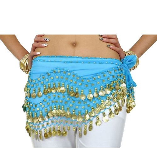 The Turkish Emporium - Fascia per fianchi con monete a 3 file, in chiffon, per danza del ventre, con 128 monete Turquoise /Gold taglia unica