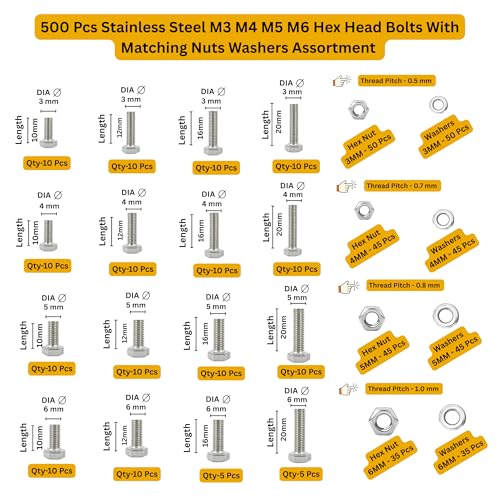 Image of Metric M3 M4 M5 M6 Stainless Alloy Steel 202 Grade Full Threaded Hex Bolts Nuts and Washer Assortment Kit Set with Storage Box Pack of 500 Pcs