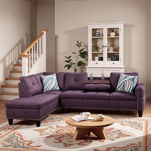 Image of L-Shaped Sectional Sofa, Modern 4-Seat Couch with Built-in Cup Holders, Upholstered Fabric Sectional Couch with Left Facing Chaise for Living Room, Apartment, Office, Purple