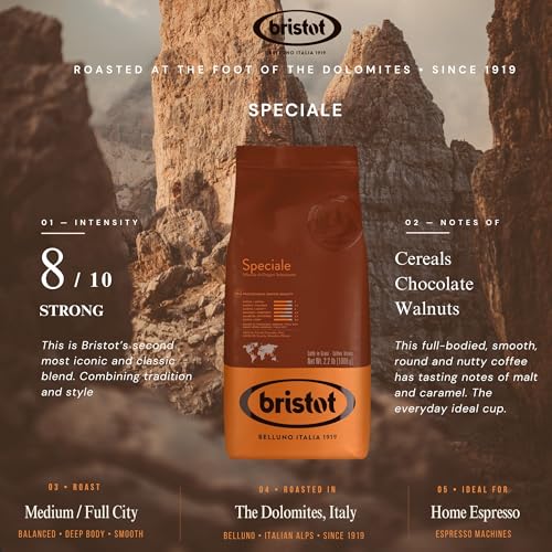 Image of Bristot Speciale Italian Espresso Coffee Beans - Medium Roast, Low Acid, Whole Bean - 2.2 lb (1kg) Bag - Authentic Italian Coffee for Espresso, Cappuccino
