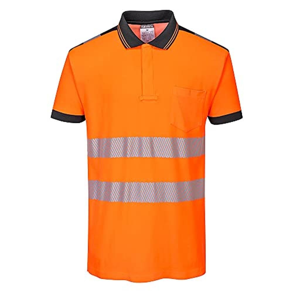 Portwest Orange Pw3 Hi Vis Cotton Comfort Polo Shirt S/S M /Blk