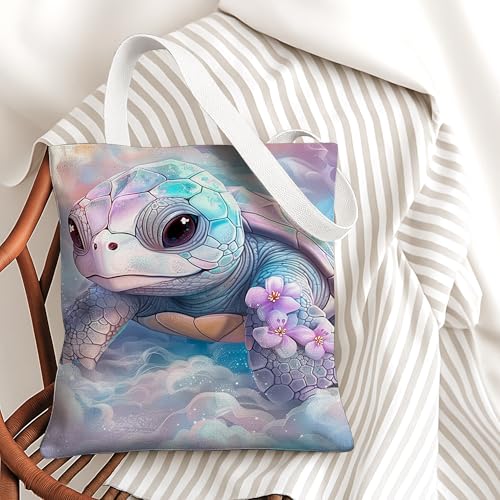 Turtle Canvas Tote Bags, Colorful Sea Creature Floral Pattern Reusable Bags, Artistic Lightweight Washable Shoulder Bags fo2
