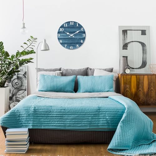 Image of XFM Large Blue Wall Clock Battery Operated 20 Inch Silent | Vintage Farmhouse Rustic Wooden Round Decorative for Kitchen Living Room Bedroom Office Non-Ticking